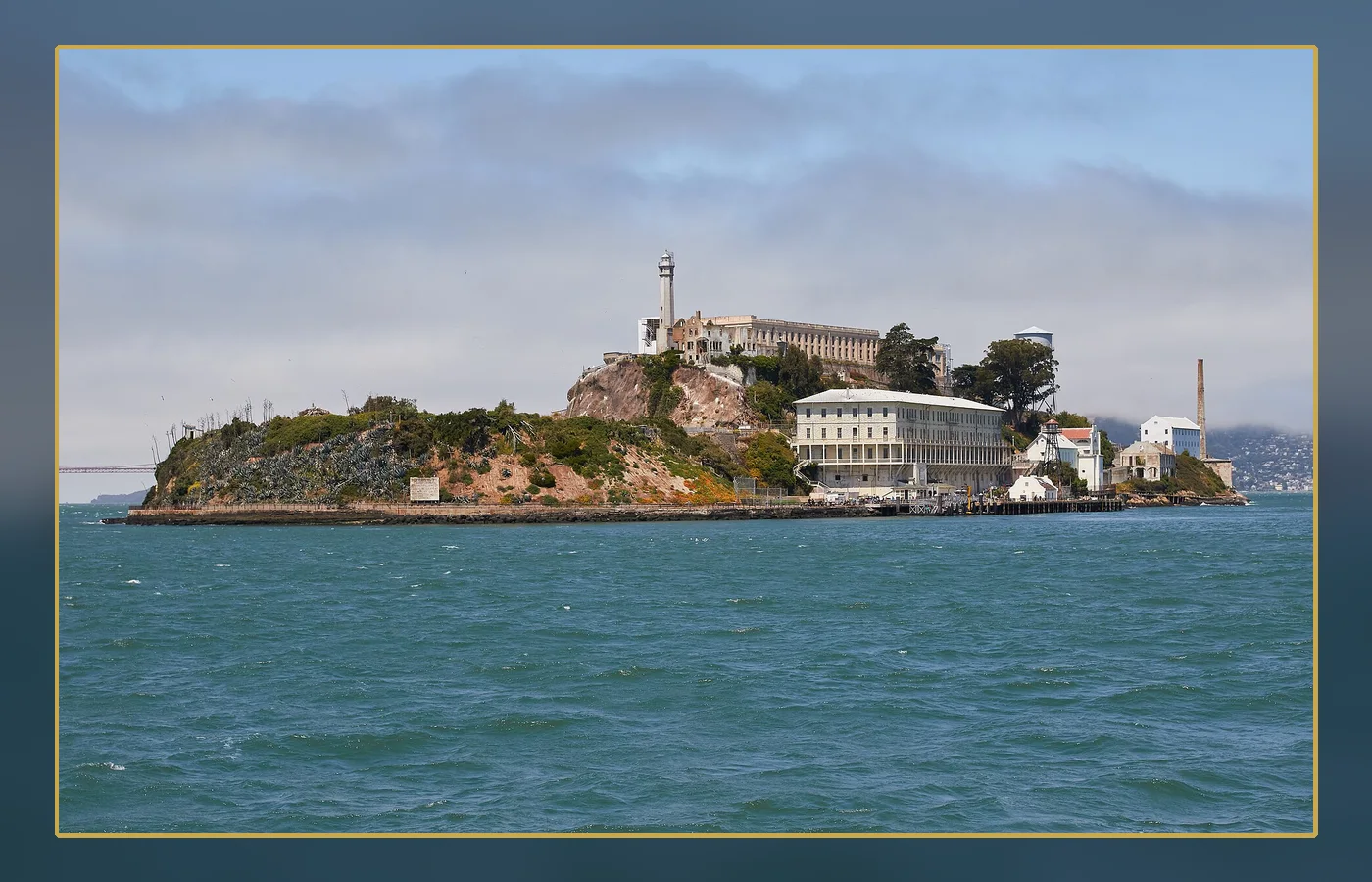 Alcatraz Island viewed from the east, with San Francisco Bay surrounding the prison