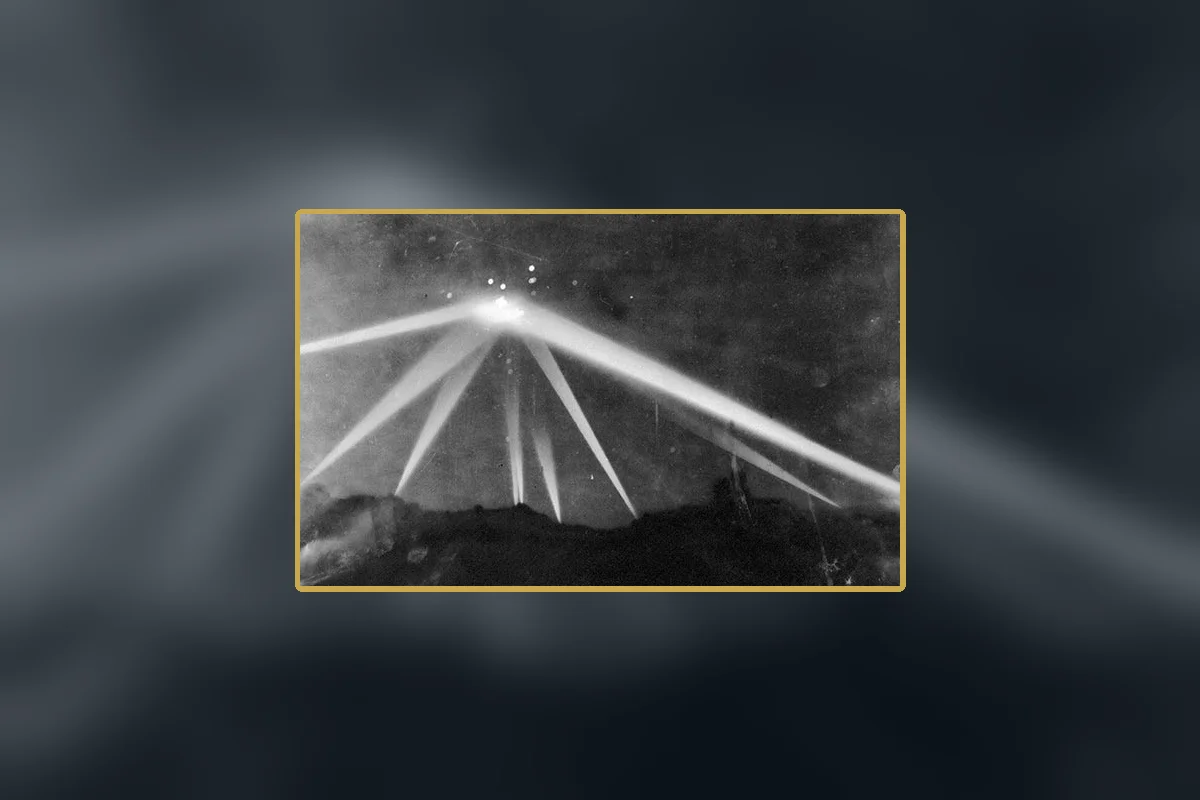 Searchlights crossing the Los Angeles sky during the 1942 alert