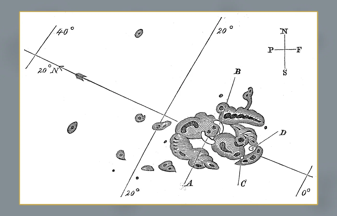 Richard Carrington's drawing of the September 1859 sunspot group and flare locations