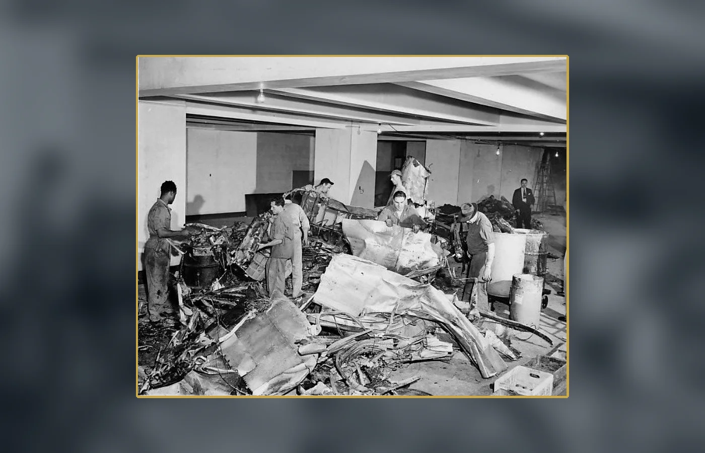 Wreckage inside the building following the bomber impact