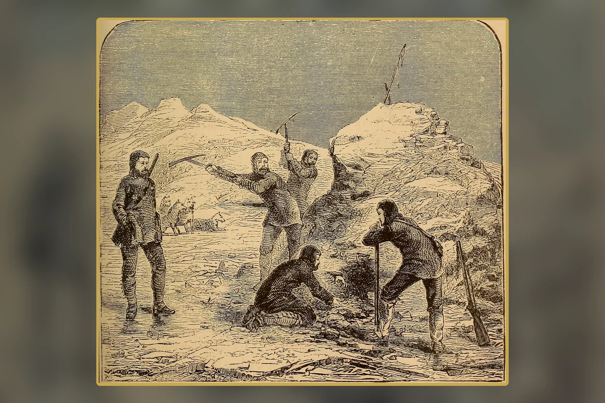 A period illustration of searchers discovering a Franklin expedition cairn