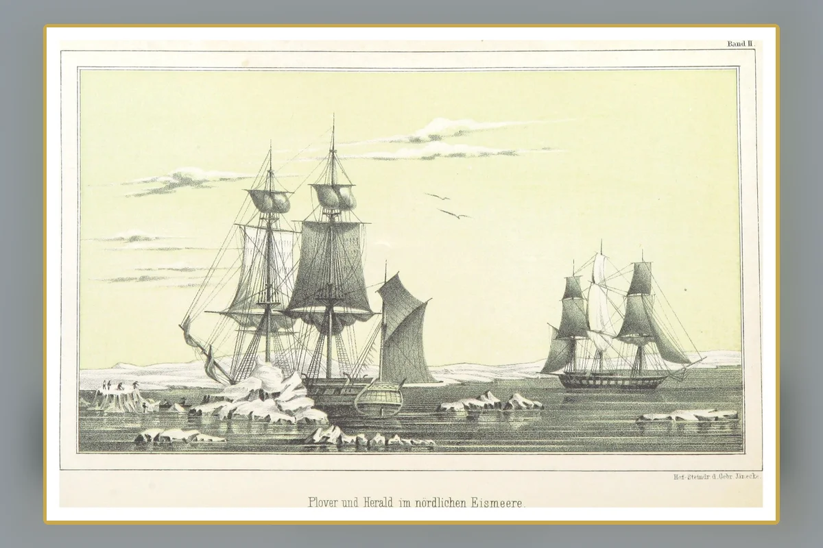 A nineteenth-century illustration of vessels navigating polar ice