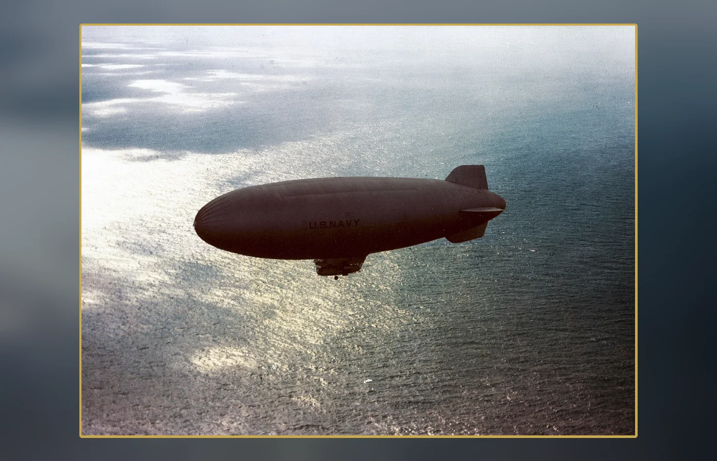 A U.S. Navy blimp on anti-submarine patrol during World War II