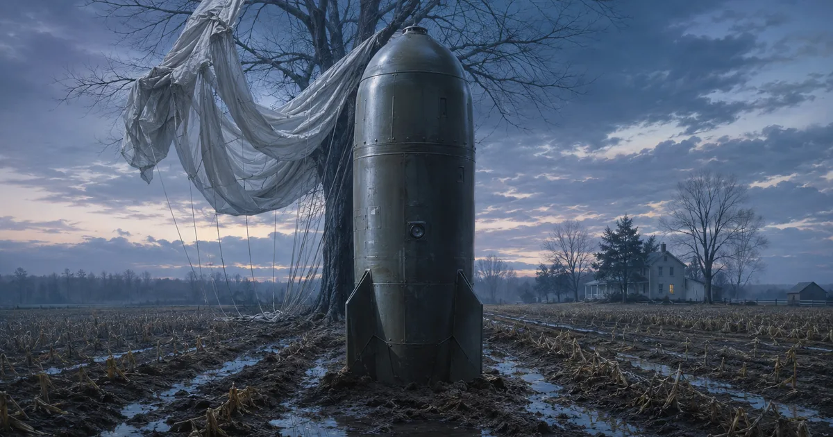 A Mark 39-era thermonuclear bomb upright in a muddy North Carolina field beneath its parachute