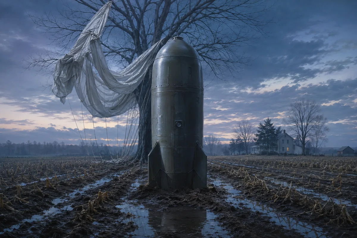 A Mark 39-era thermonuclear bomb upright in a muddy North Carolina field beneath its parachute