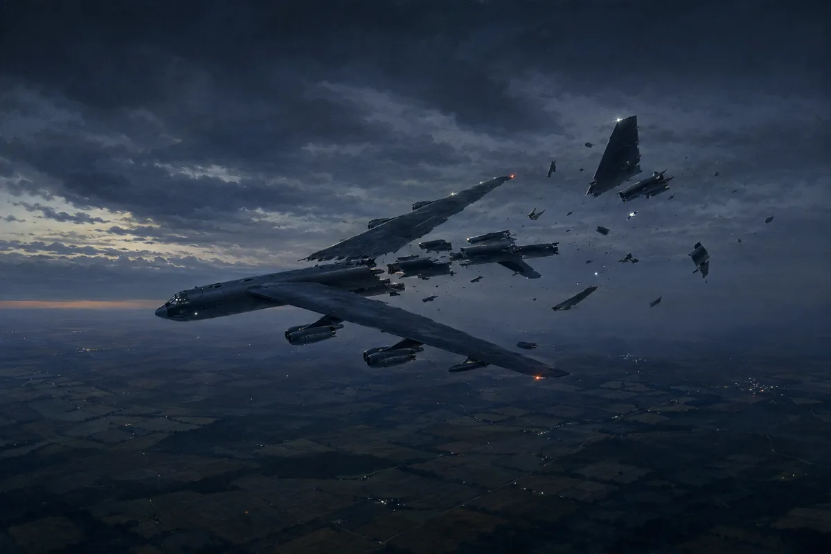 A B-52 bomber breaking apart above rural North Carolina at night