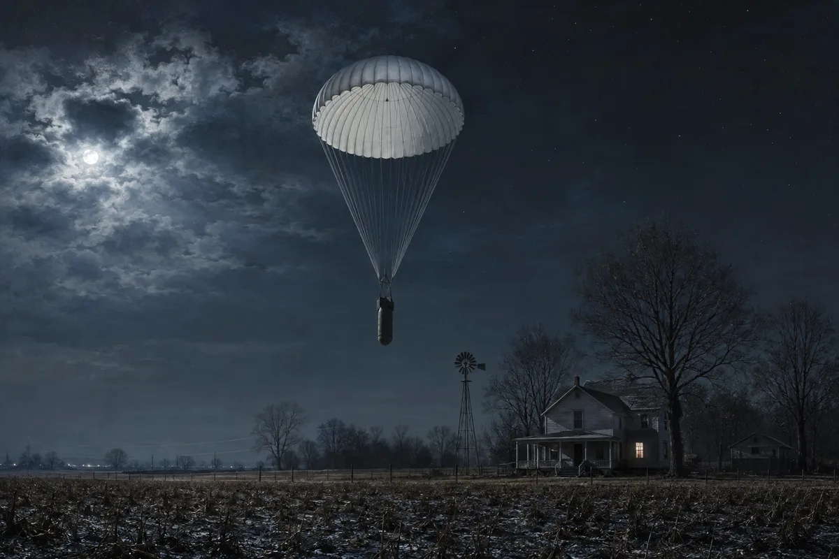 A parachute carrying a heavy bomb over a North Carolina farmhouse at night