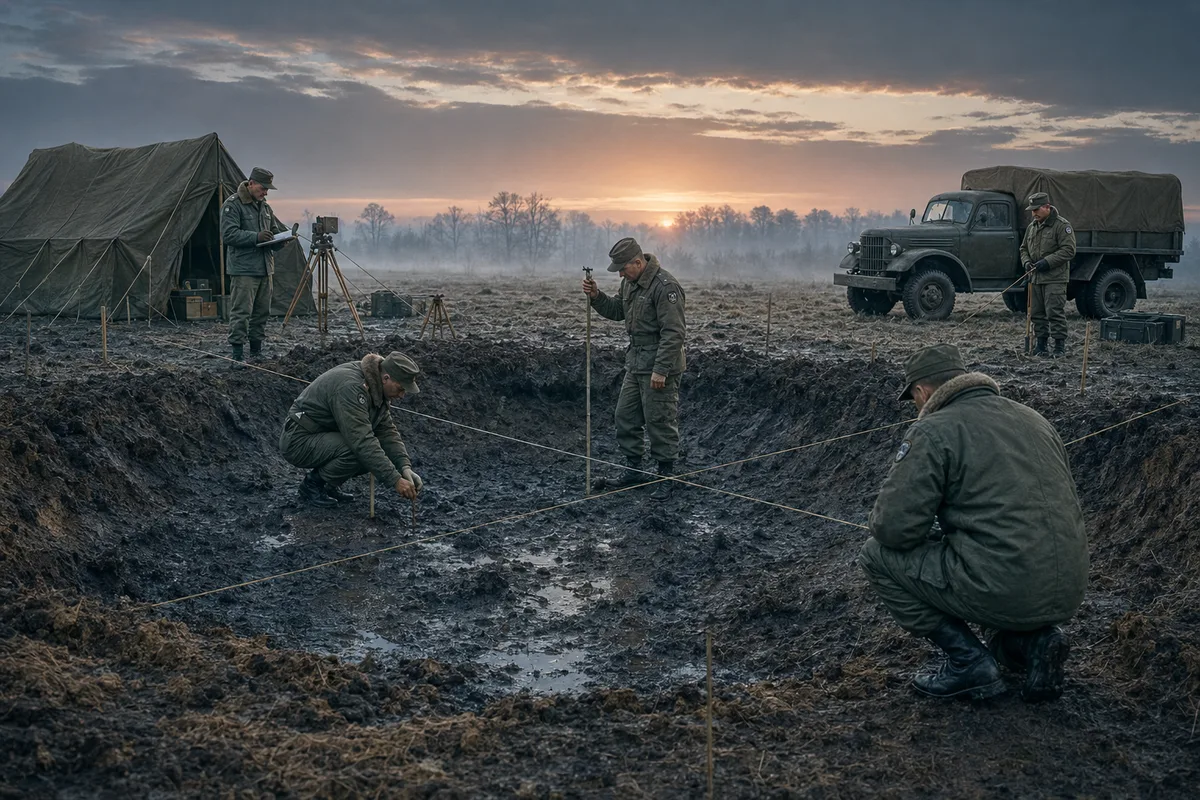 Air Force recovery specialists measuring a muddy impact crater near Goldsboro