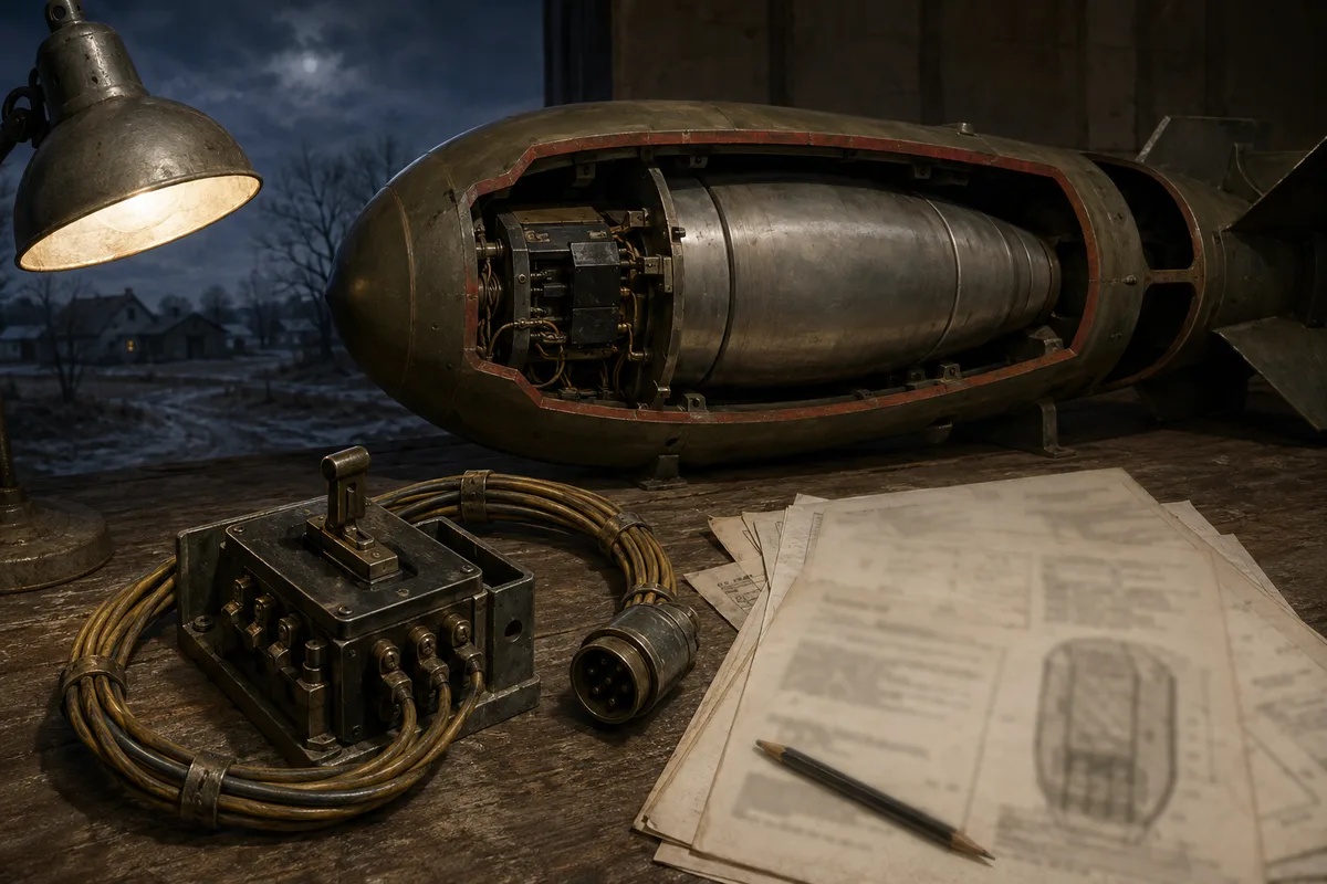 An early-1960s electromechanical safety switch beside a simplified bomb casing cutaway