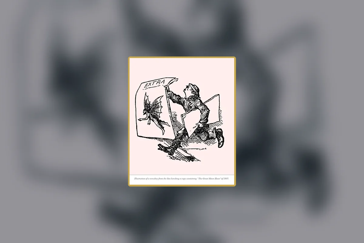 A period newsboy cartoon referencing the 1835 Moon story