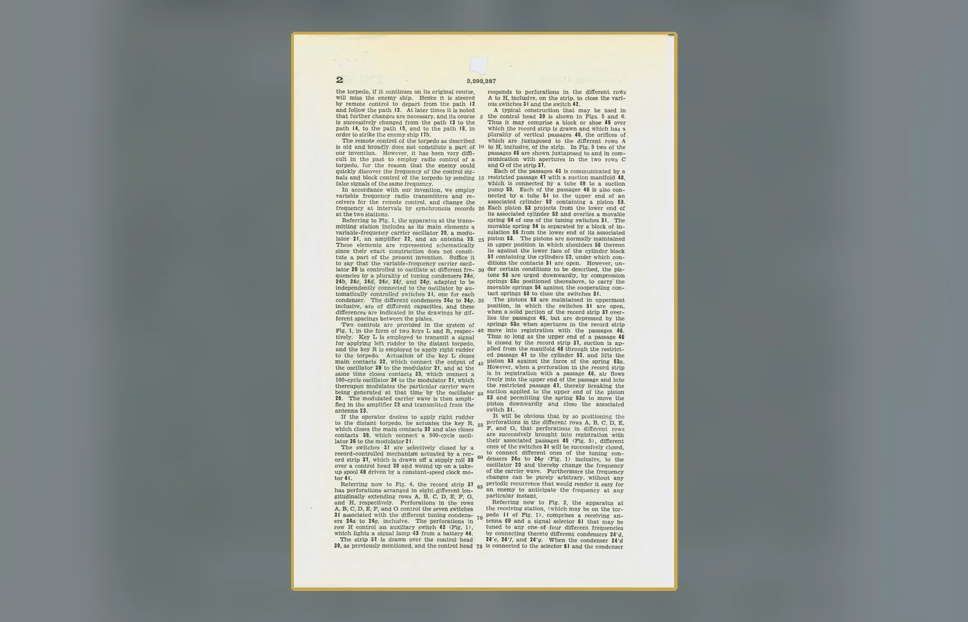 A page from the patent case file for Lamarr and Antheil's Secret Communication System