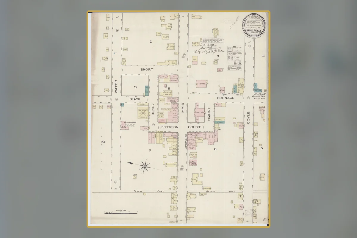 A historical fire-insurance map of Owingsville in Bath County, Kentucky