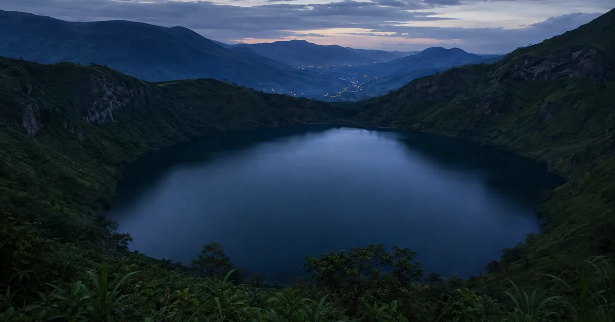 Lake Nyos resting dark and calm inside its volcanic crater at blue hour