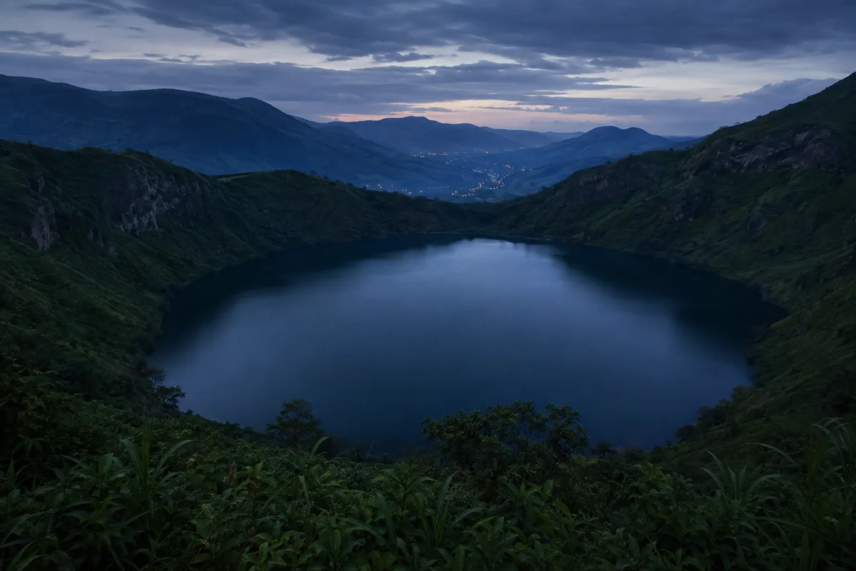 Lake Nyos resting dark and calm inside its volcanic crater at blue hour