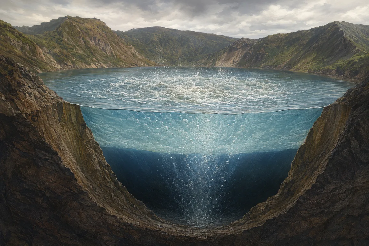 A cutaway of carbon-dioxide-rich deep water overturning in a volcanic crater lake