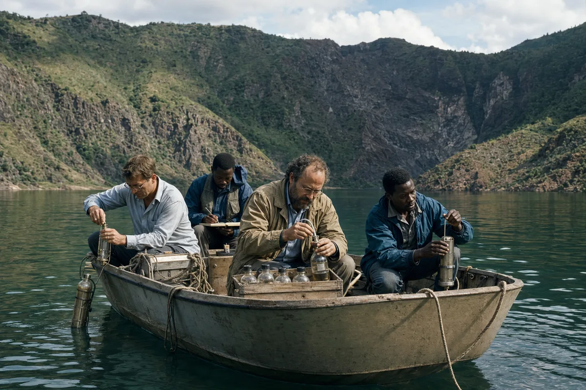 Cameroonian and international scientists collecting water samples from Lake Nyos