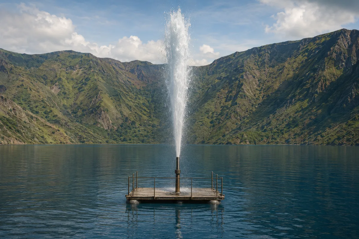 A degassing pipe releasing a fountain of gas-rich deep water from Lake Nyos