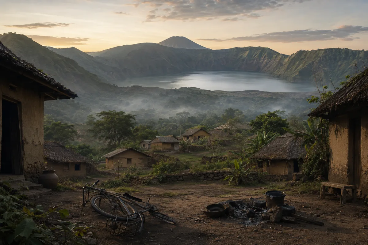 An intact village below Lake Nyos at dawn with a bicycle and cold cooking hearth