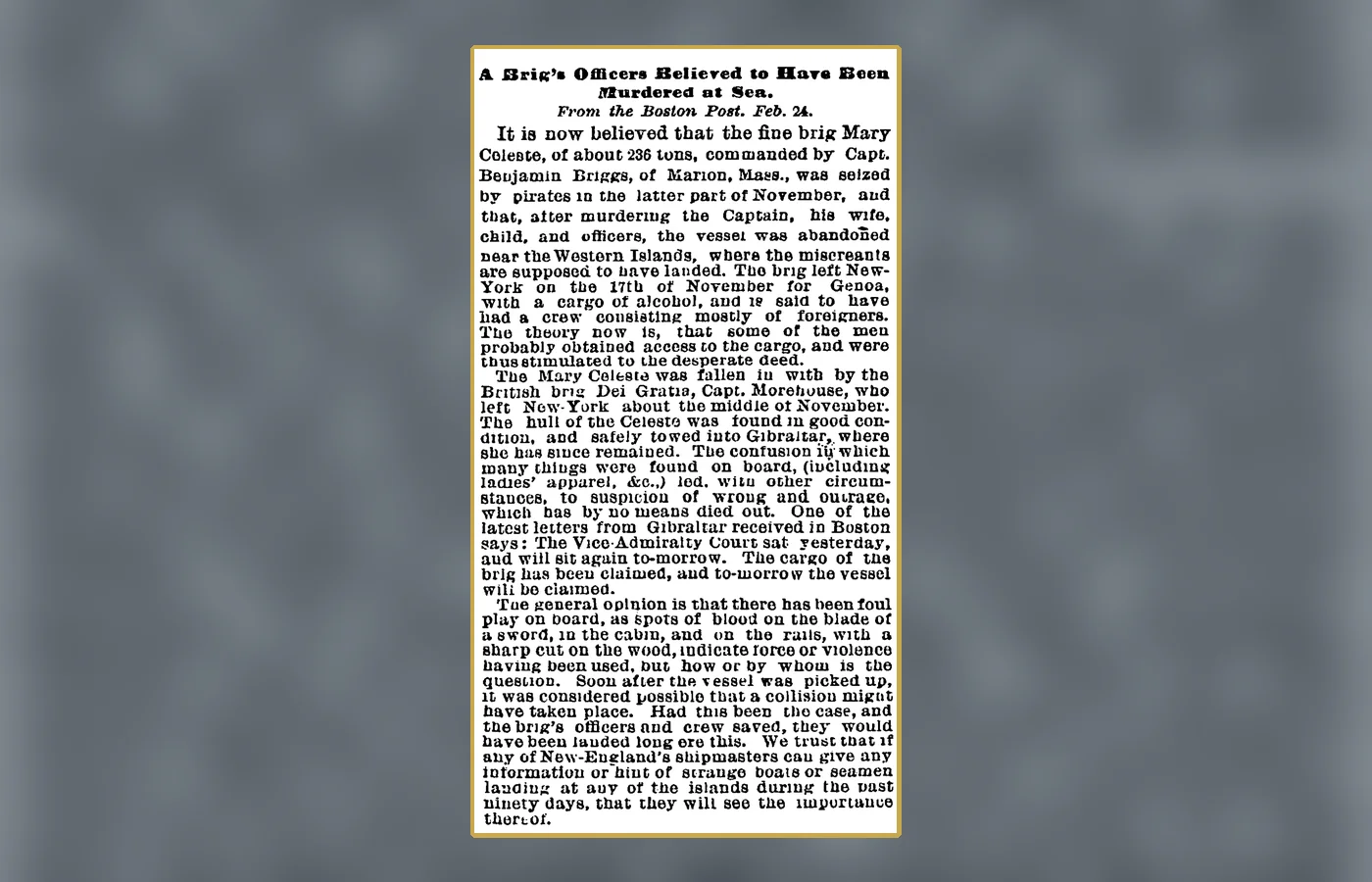 An 1873 New York Times page from the early press record of the Mary Celeste case