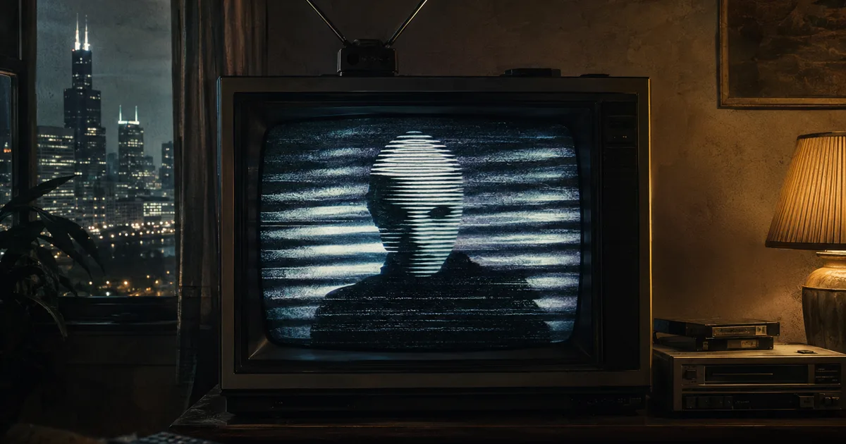 A 1980s CRT television displaying an anonymous masked silhouette through analog interference