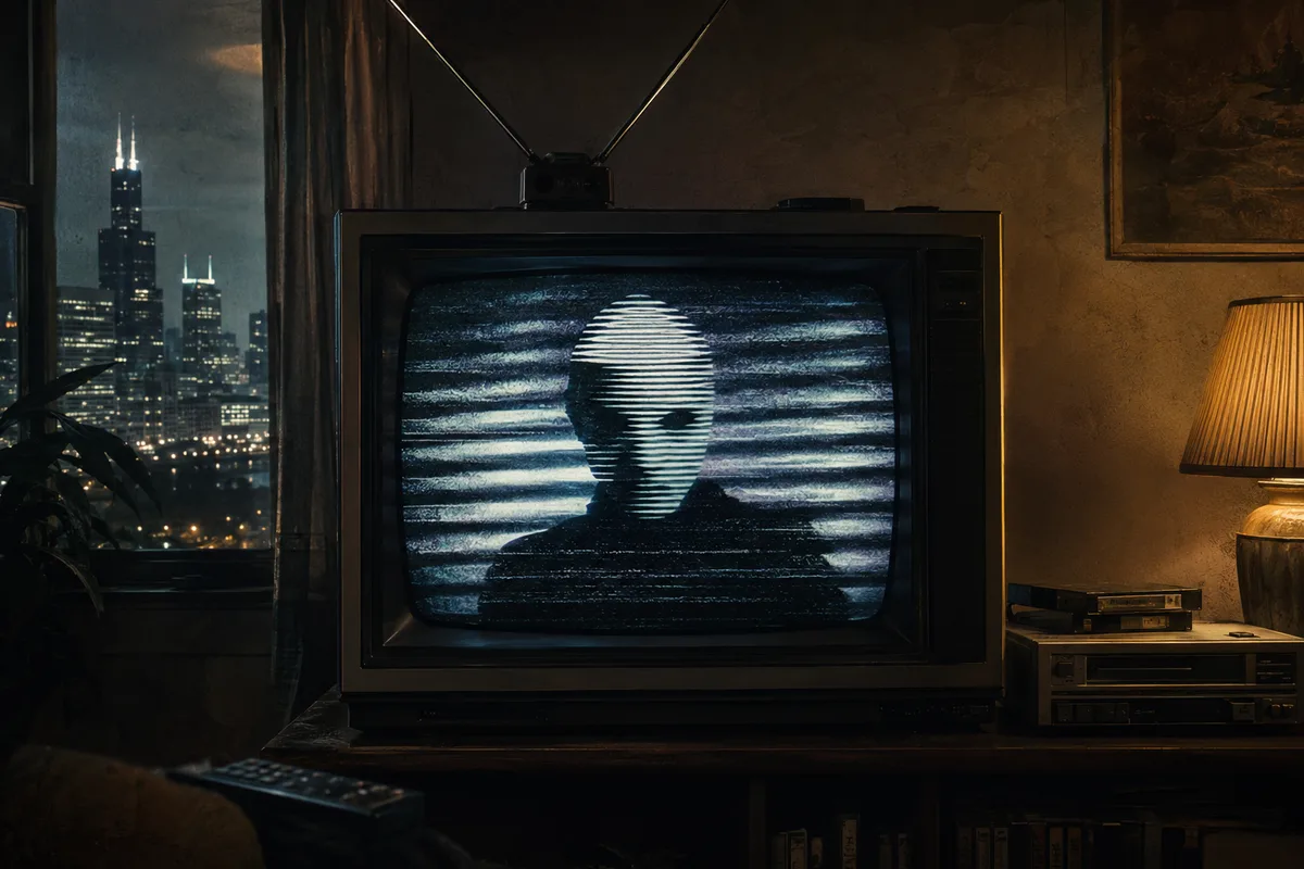 A 1980s CRT television displaying an anonymous masked silhouette through analog interference