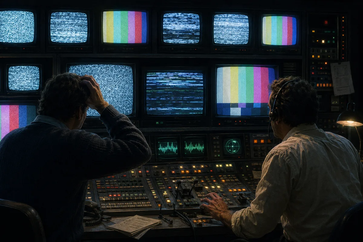 Broadcast engineers confronting static in a late-1980s television control room