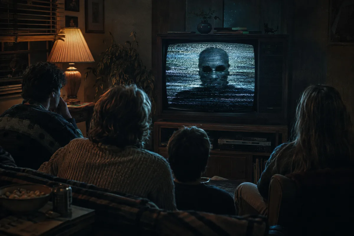 Viewers in a 1987 living room watching an anonymous masked figure interrupt a CRT television