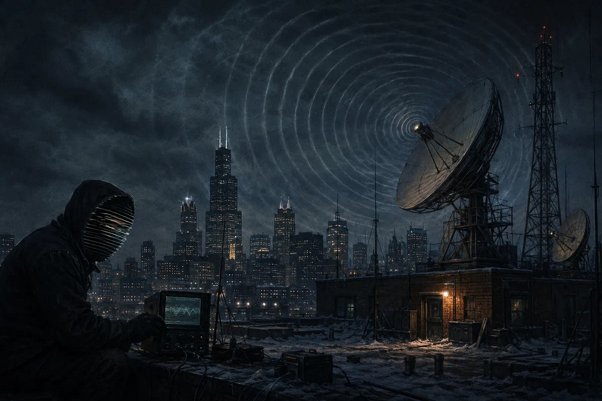 A conceptual unauthorized signal crossing toward a Chicago microwave relay antenna at night