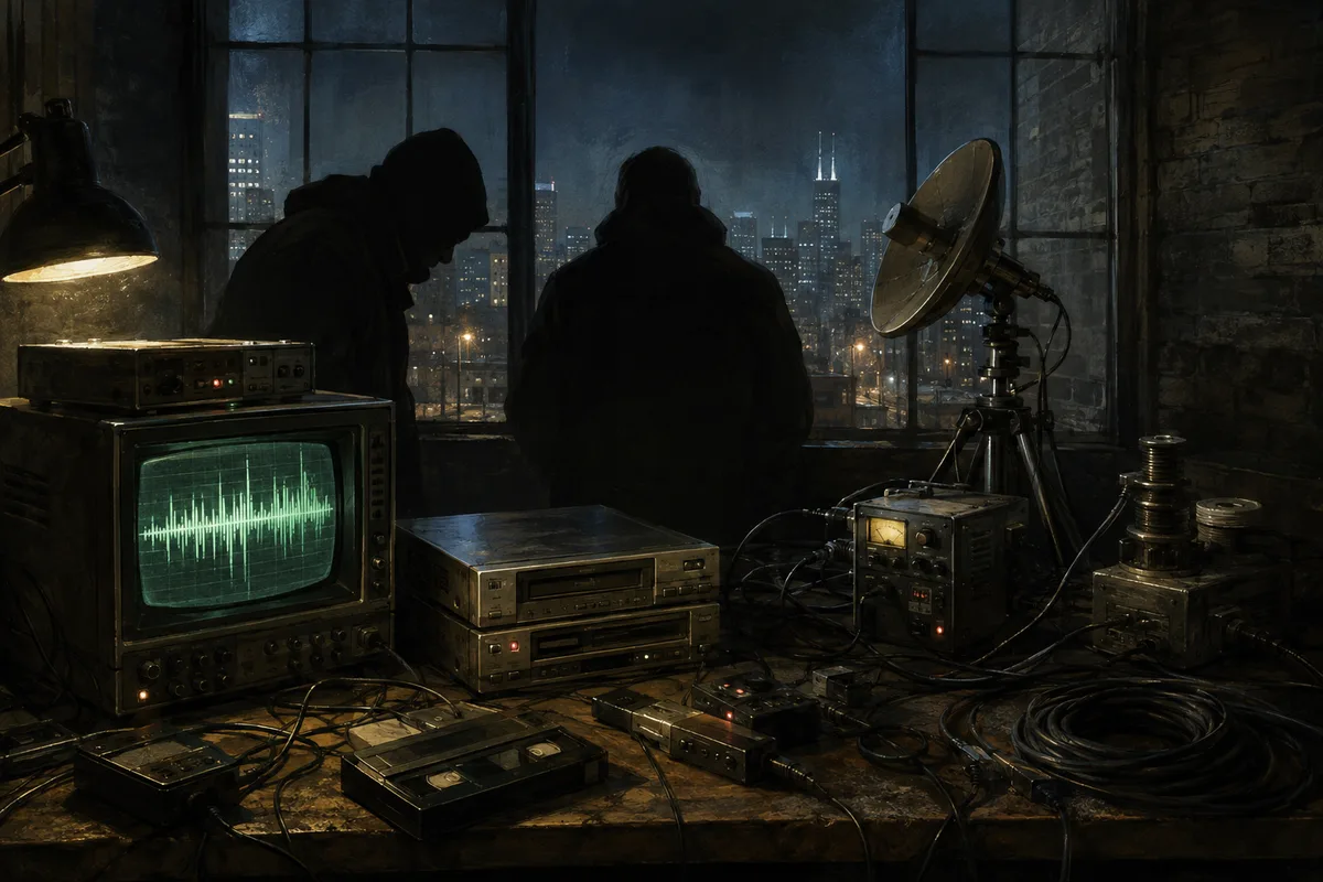 A hypothetical late-1980s analog transmission setup with anonymous figures in shadow