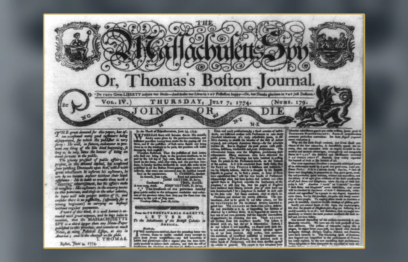 The Massachusetts Spy masthead, representing the Revolutionary-era newspaper world in which the Dark Day was recorded