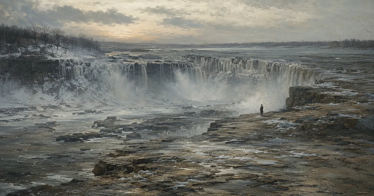 A greatly diminished Niagara Falls with exposed rock during the 1848 ice-jam stoppage