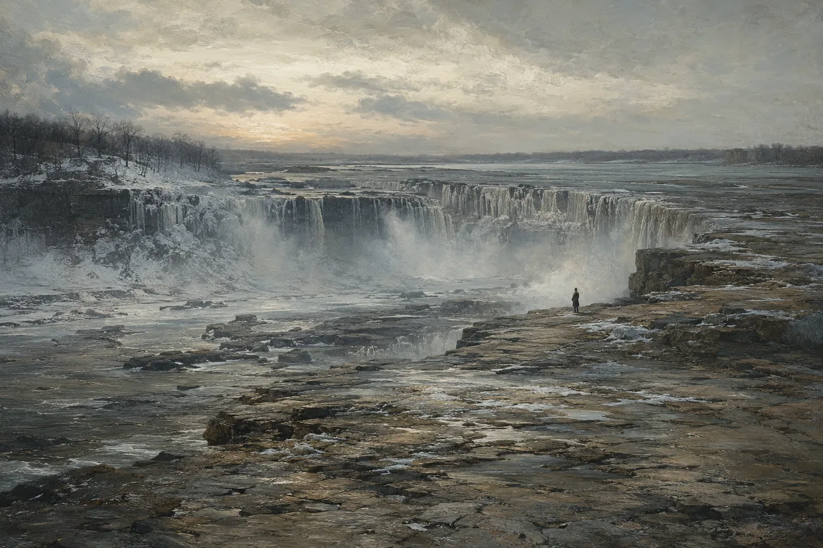 A greatly diminished Niagara Falls with exposed rock during the 1848 ice-jam stoppage