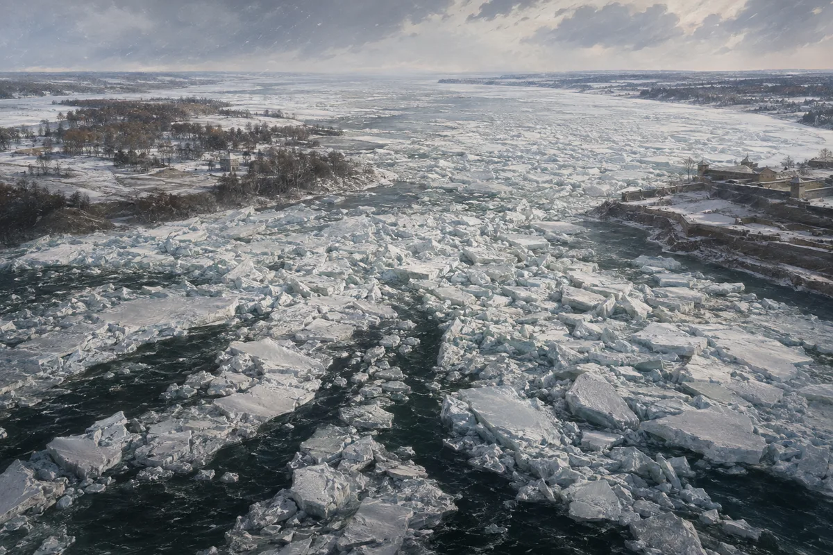 Wind-packed Lake Erie ice crowding the outlet into the Niagara River