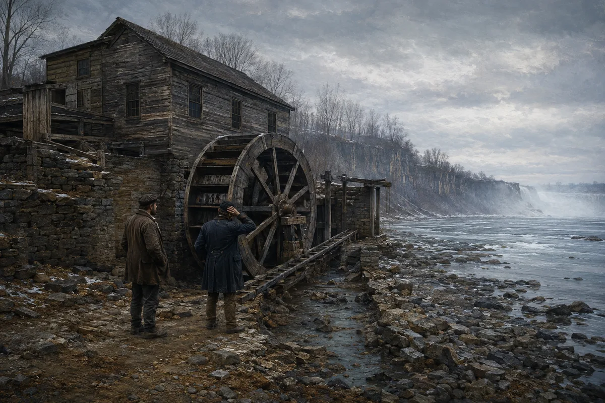 An 1840s riverside mill with its waterwheel stopped beside the low Niagara River