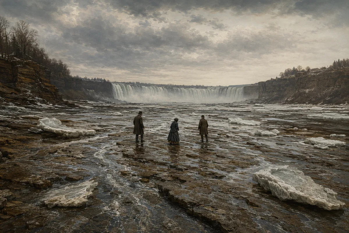 Three people in 1840s clothing standing cautiously on Niagara's exposed riverbed