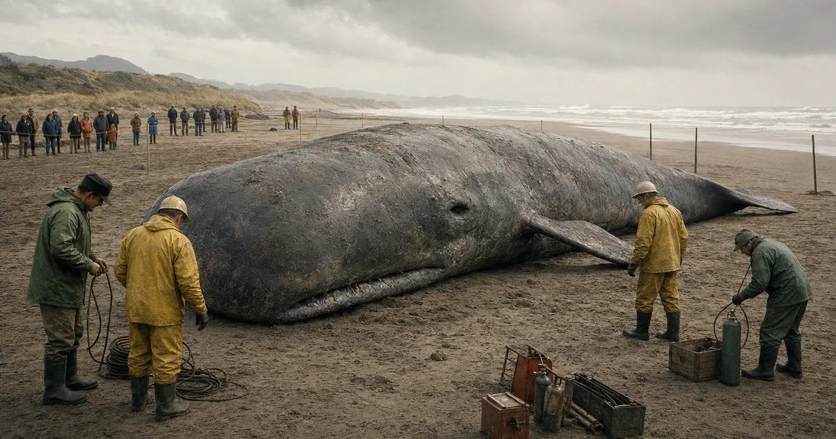 Highway workers preparing equipment beside a beached whale on the Oregon coast in 1970