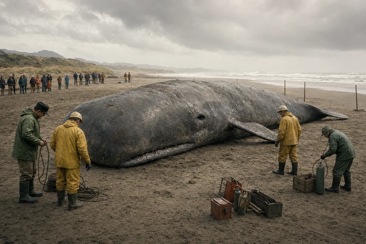 Highway workers preparing equipment beside a beached whale on the Oregon coast in 1970