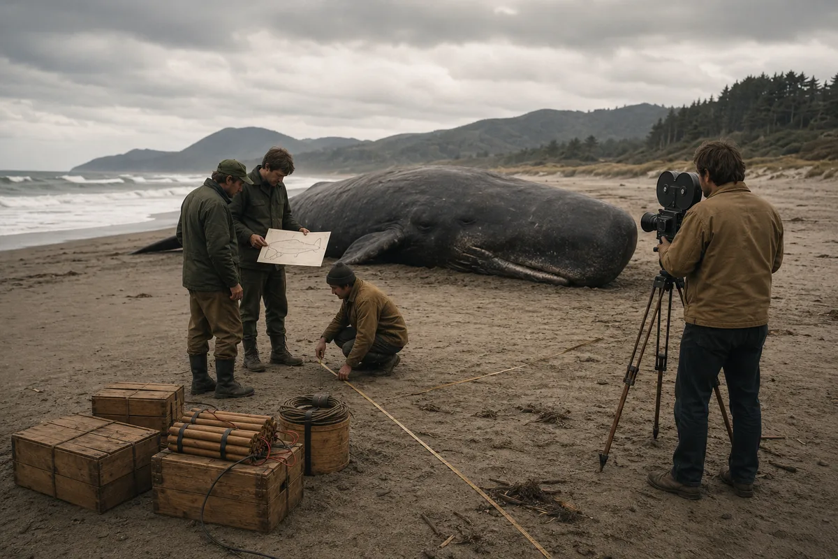 Oregon highway officials measuring the beach and planning the 1970 whale disposal