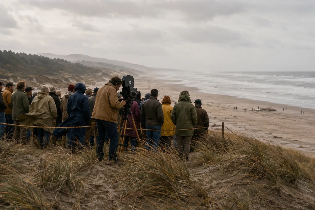 A crowd and television cameraman watching the distant whale operation from a high Oregon dune