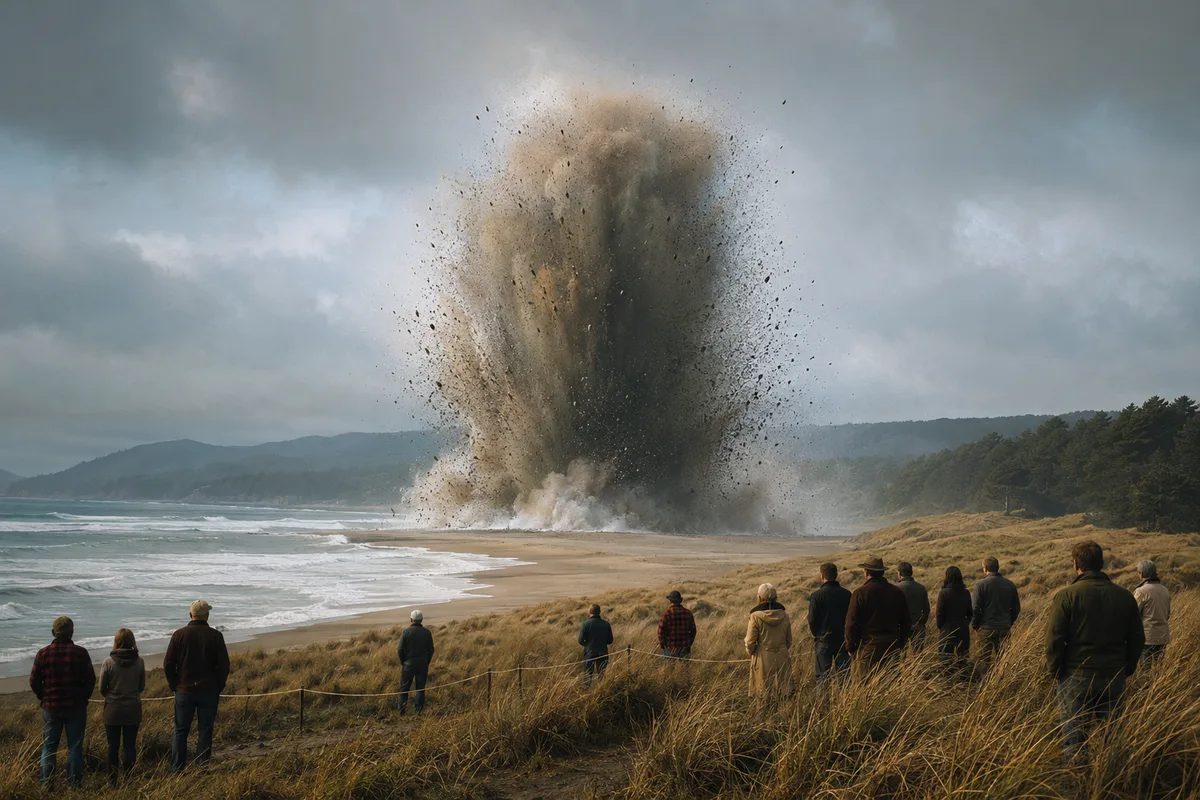 A distant plume of sand and debris rising from the 1970 Oregon whale detonation