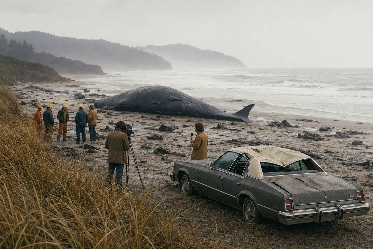 Workers and a reporter surveying the Oregon beach beside a period car with a dented roof