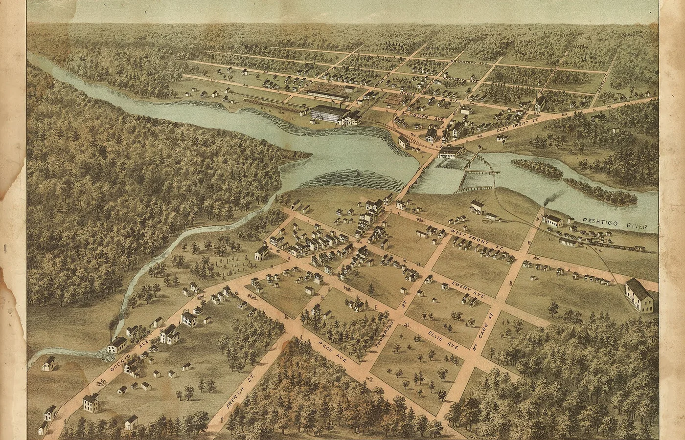 A bird's-eye view of Peshtigo in September 1871, weeks before the fire