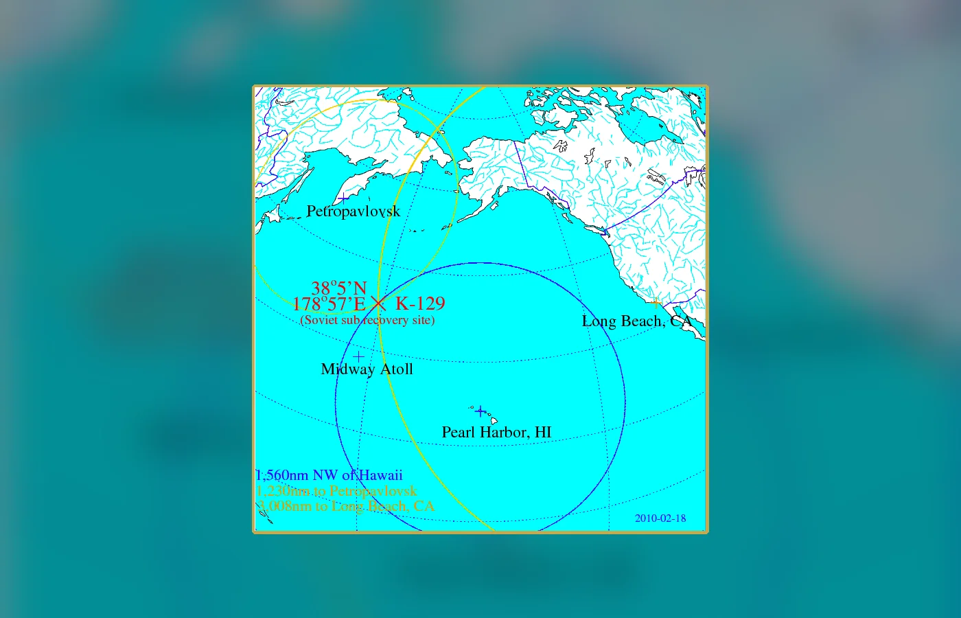 A map marking the K-129 recovery site in the North Pacific