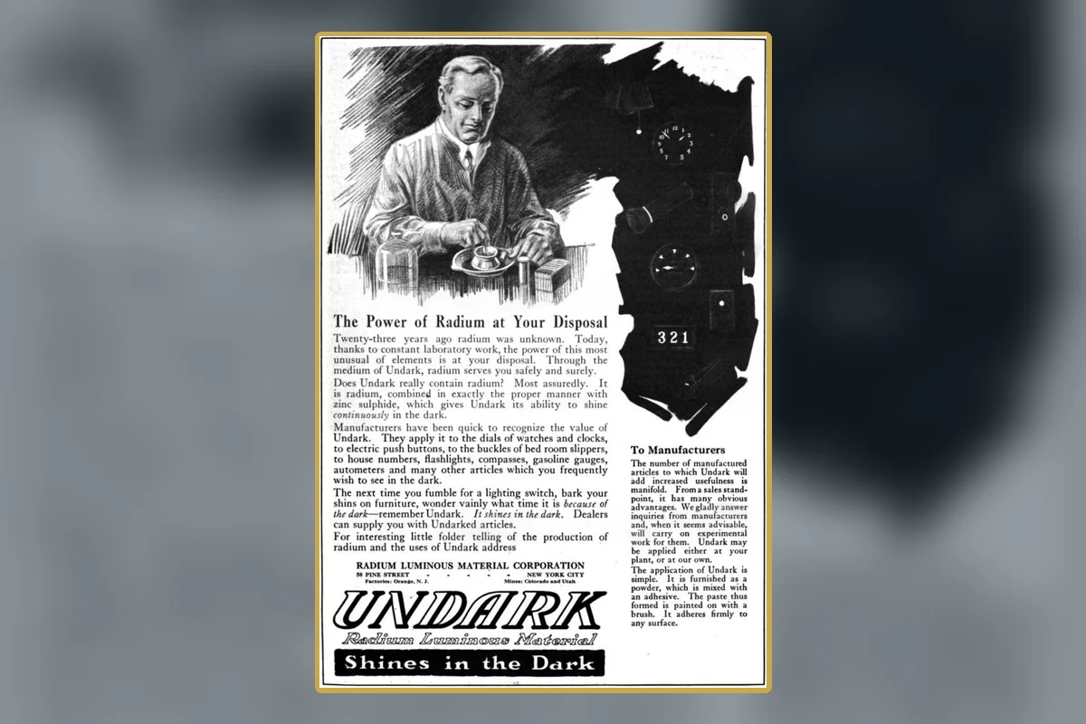 A 1921 advertisement for Undark luminous material