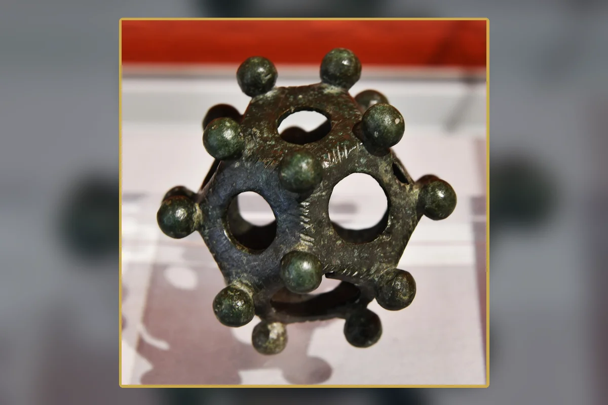 The Corbridge Roman dodecahedron in a museum display