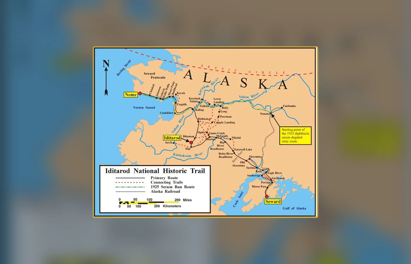 A Bureau of Land Management map of the historic Iditarod Trail used by the relay