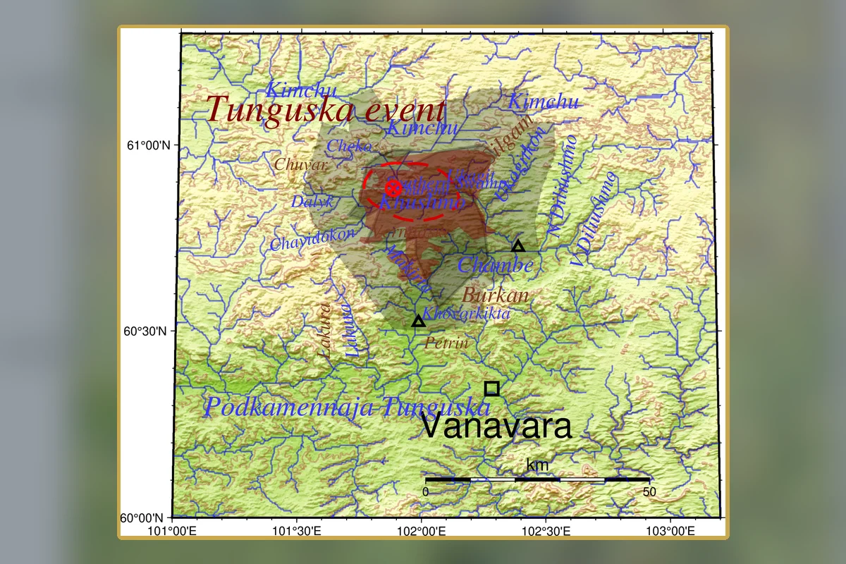 Map of the estimated Tunguska tree-fall and blast area