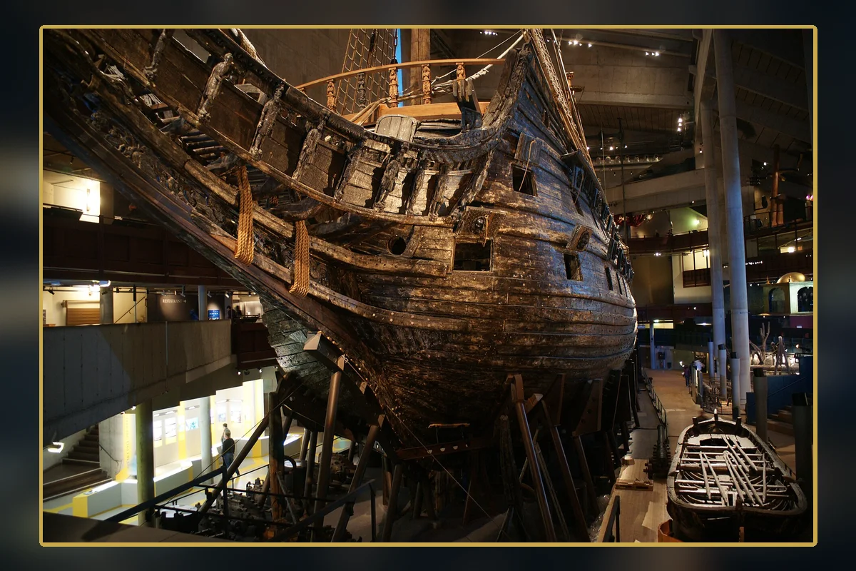Vasa viewed from the bow inside the museum