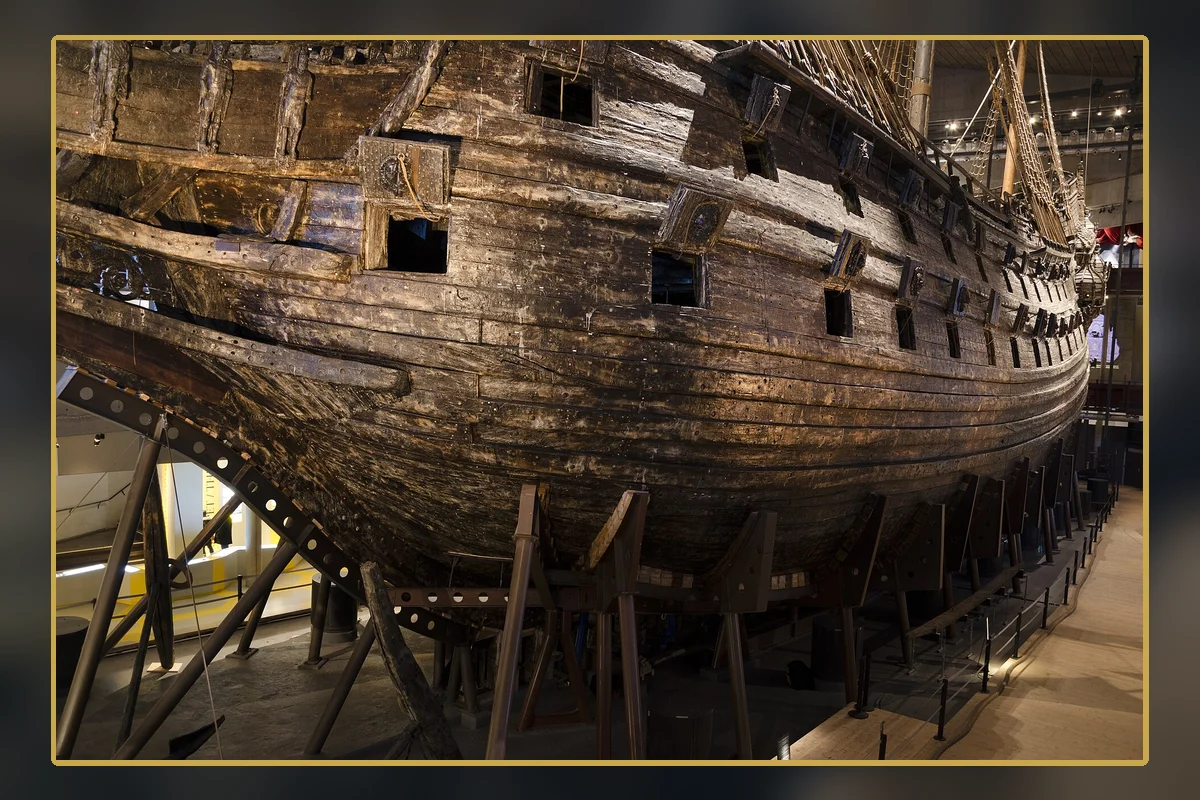 The preserved hull and structural timbers of Vasa