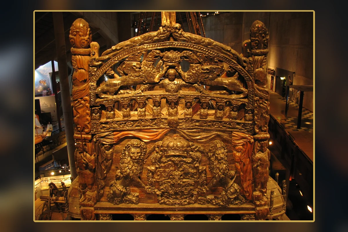 The richly carved transom of Vasa